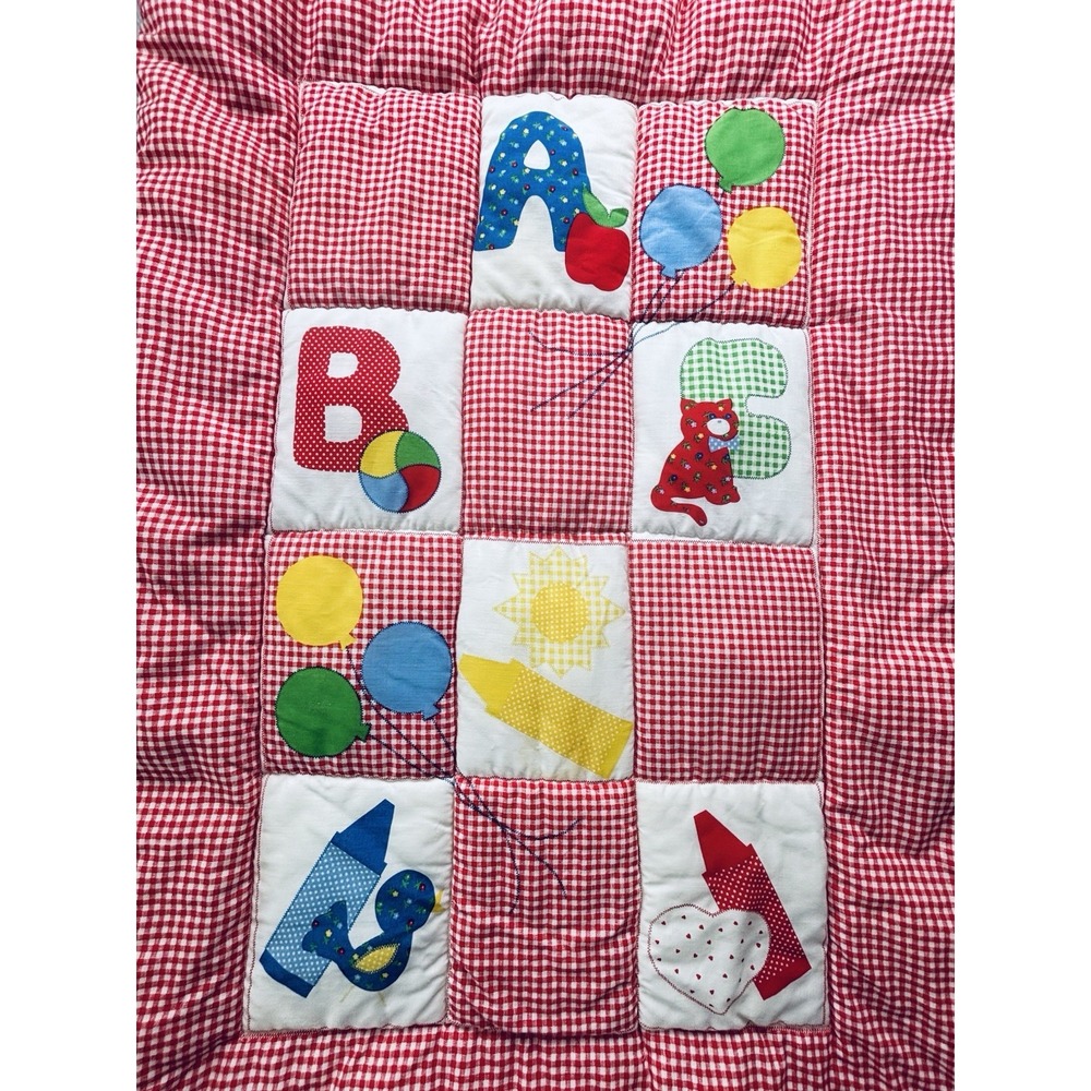 Vtg 1970s Springs Mills Baby Quilt Blanket Gingham Red ABC Crayons Union Tag